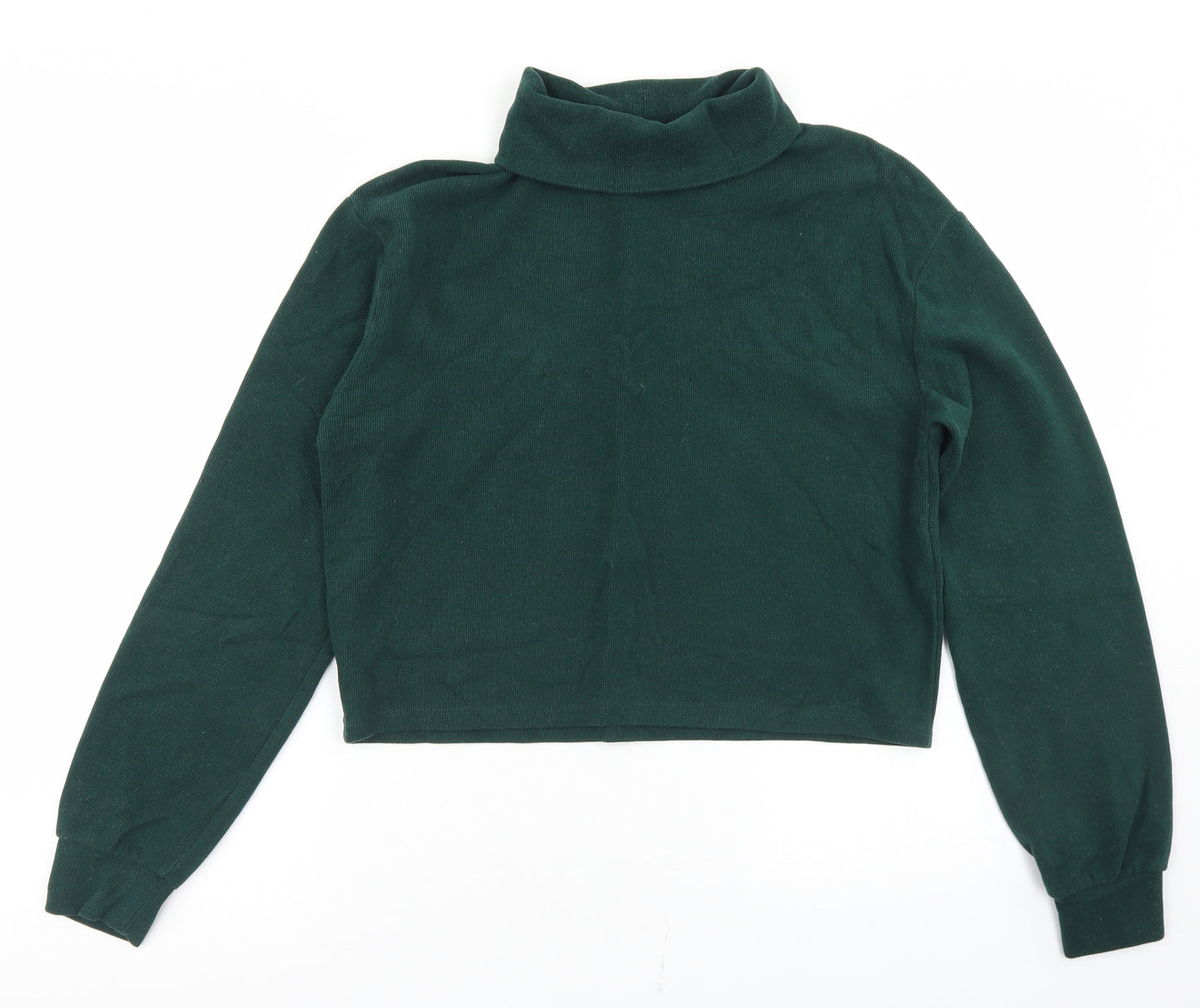 Pull&Bear Womens Green  Cotton Cropped T-Shirt Size M Roll Neck