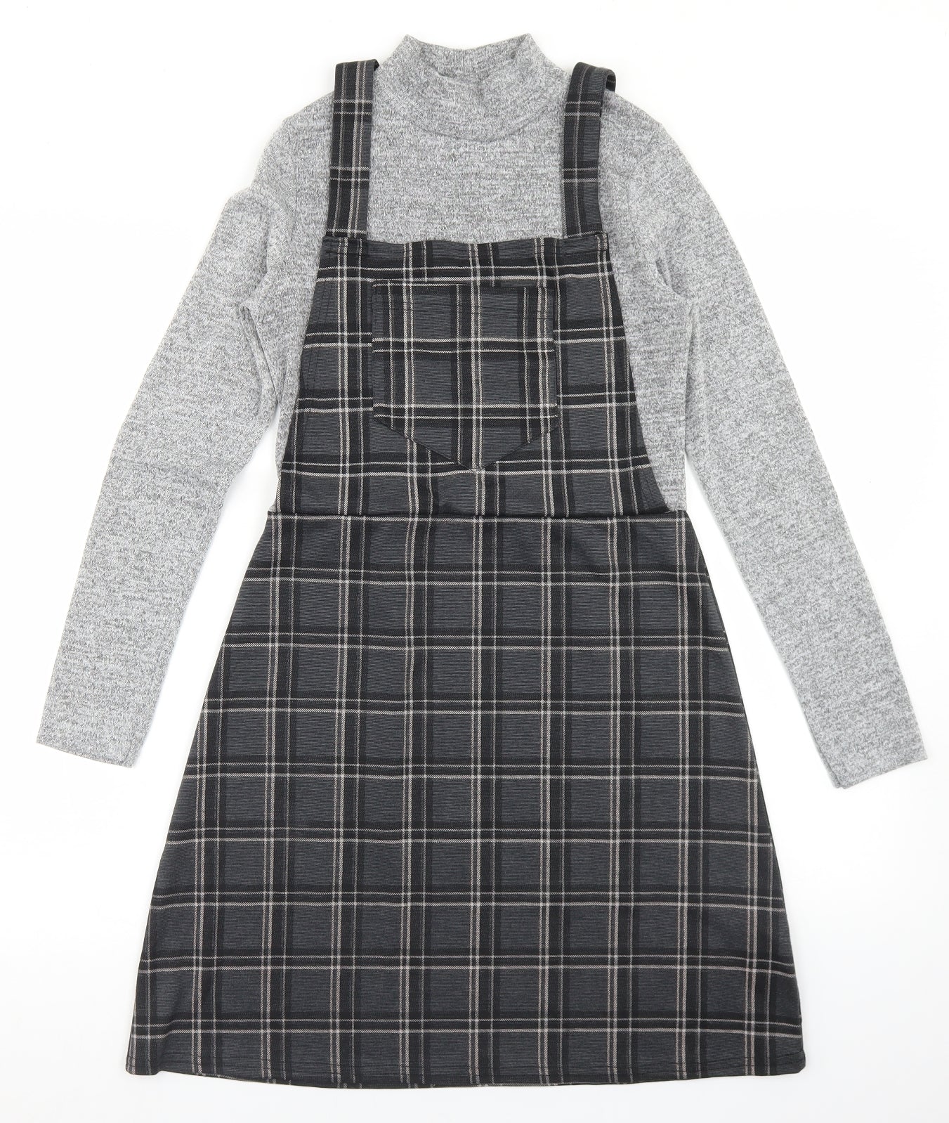 Ayanapa Womens Grey Plaid Polyester Pinafore/Dungaree Dress  Size 8  Mock Neck