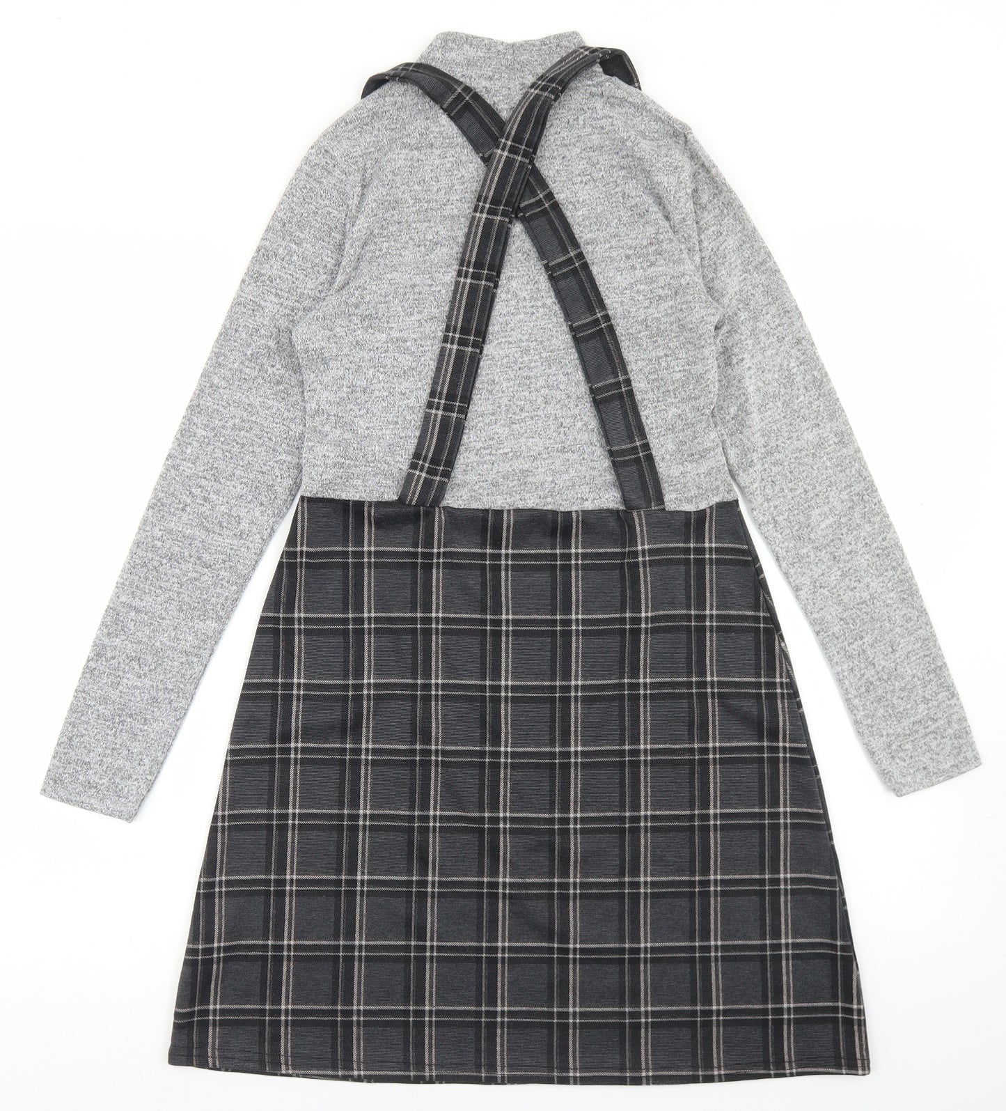 Ayanapa Womens Grey Plaid Polyester Pinafore/Dungaree Dress  Size 8  Mock Neck
