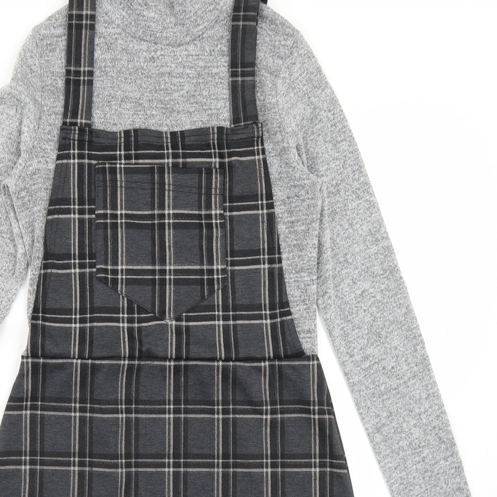 Ayanapa Womens Grey Plaid Polyester Pinafore/Dungaree Dress  Size 8  Mock Neck