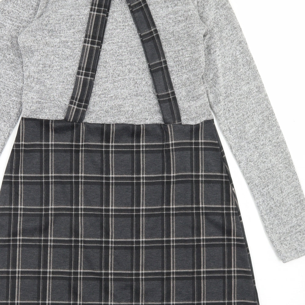 Ayanapa Womens Grey Plaid Polyester Pinafore/Dungaree Dress  Size 8  Mock Neck