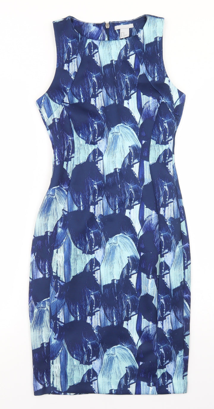 H&M Womens Blue Geometric Polyester Bodycon Size XS Round Neck Zip