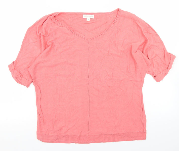 Monsoon Womens Pink V-Neck  Viscose Pullover Jumper Size M