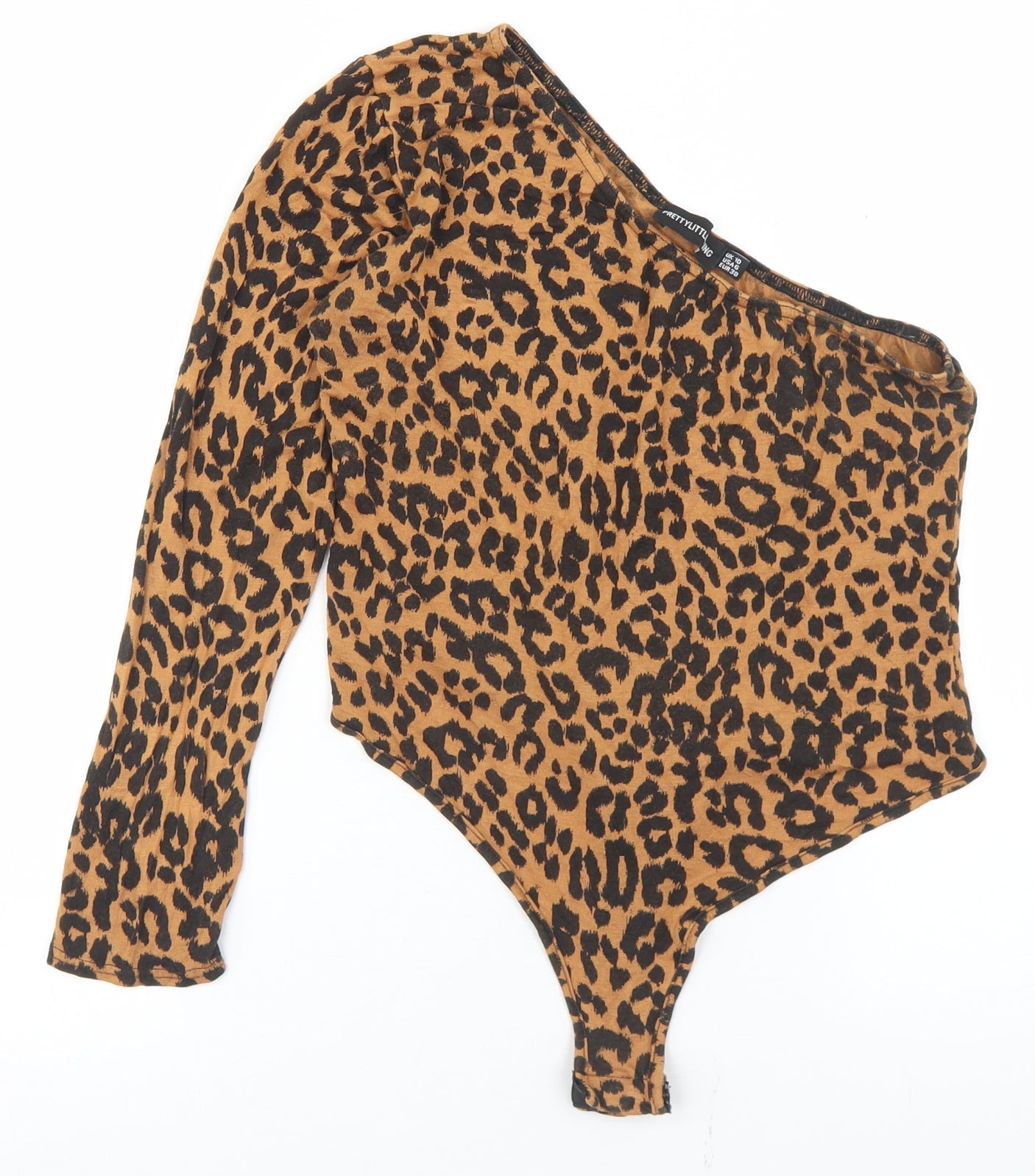 PRETTYLITTLETHING Womens Brown Animal Print Polyester Bodysuit One-Piece Size 10  Snap