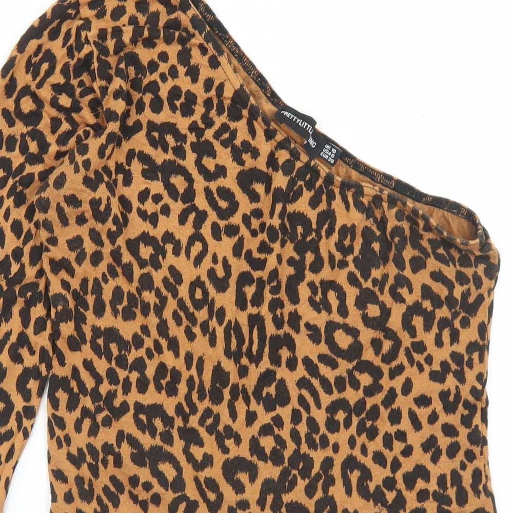 PRETTYLITTLETHING Womens Brown Animal Print Polyester Bodysuit One-Piece Size 10  Snap