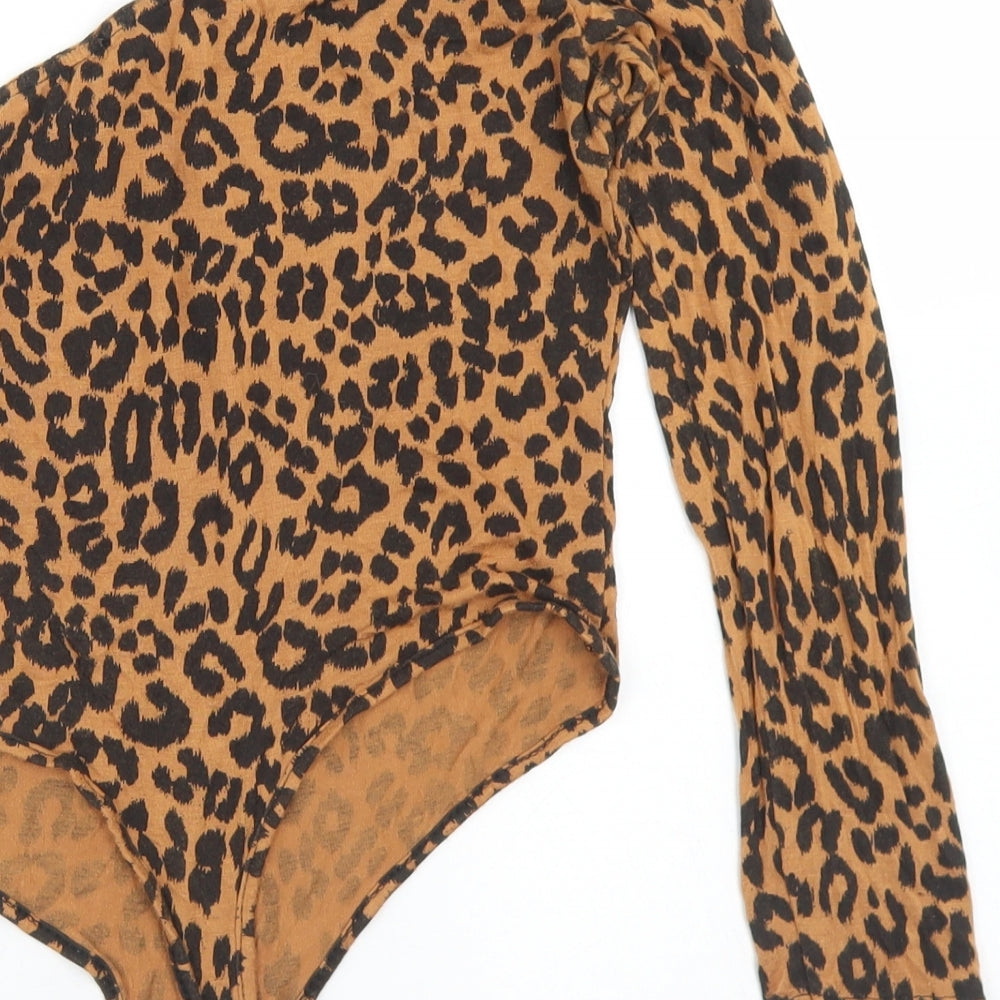PRETTYLITTLETHING Womens Brown Animal Print Polyester Bodysuit One-Piece Size 10  Snap
