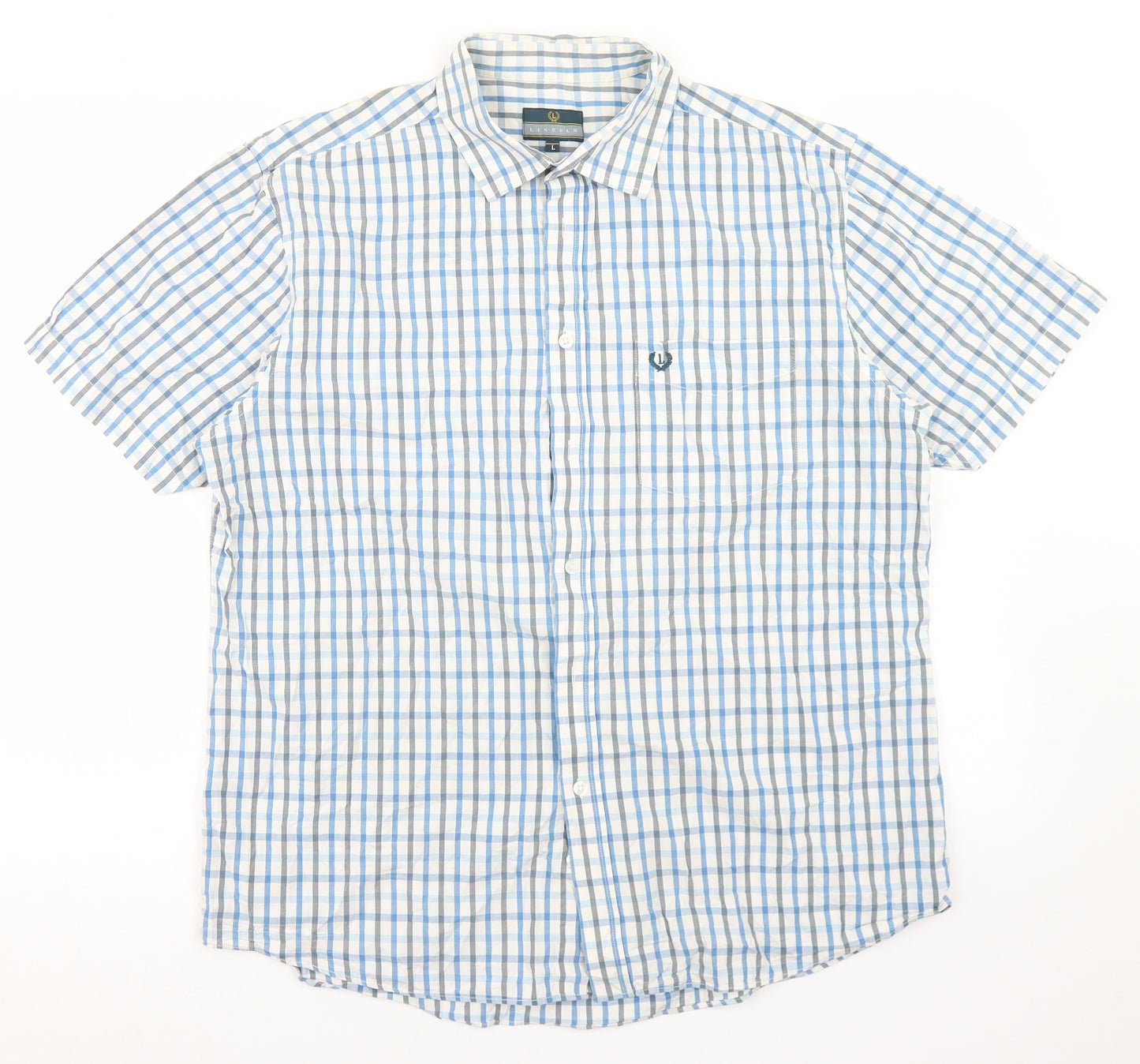 Lincoln Mens Blue Check Cotton  Button-Up Size L Collared Button