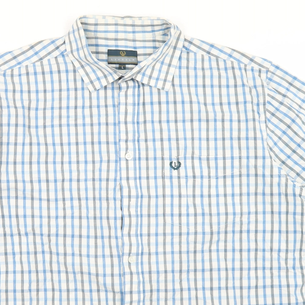 Lincoln Mens Blue Check Cotton  Button-Up Size L Collared Button
