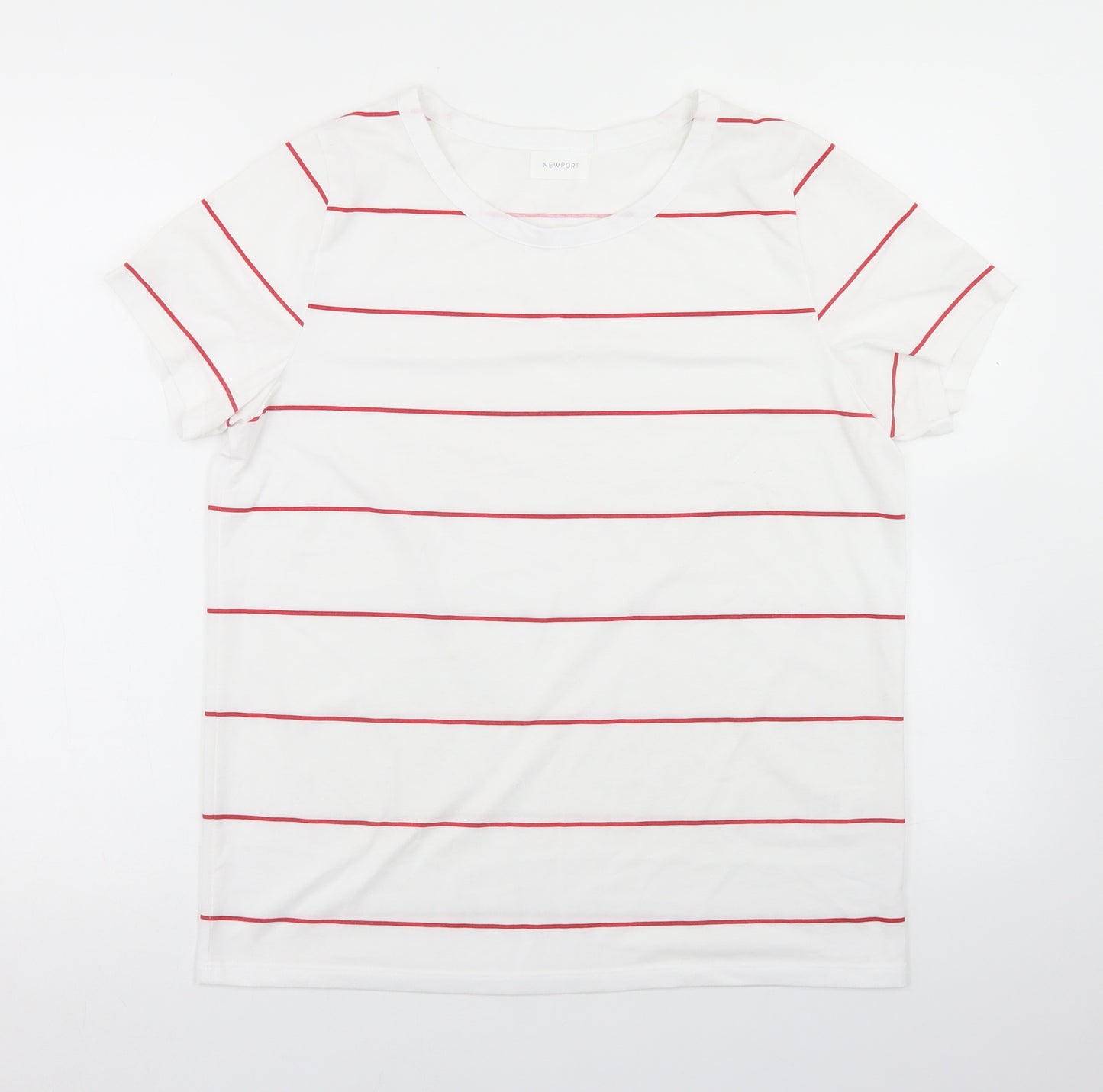 Newport Womens White Striped Polyester Basic T-Shirt Size M Round Neck