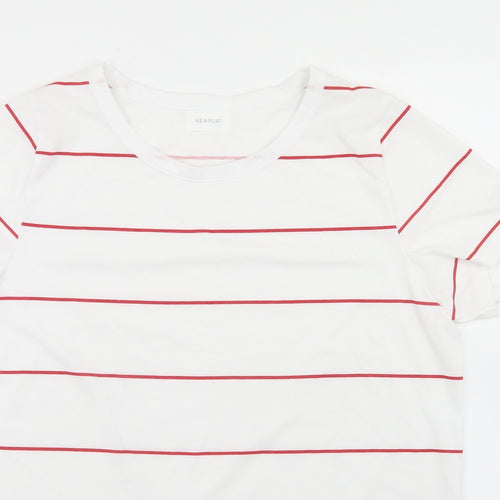 Newport Womens White Striped Polyester Basic T-Shirt Size M Round Neck