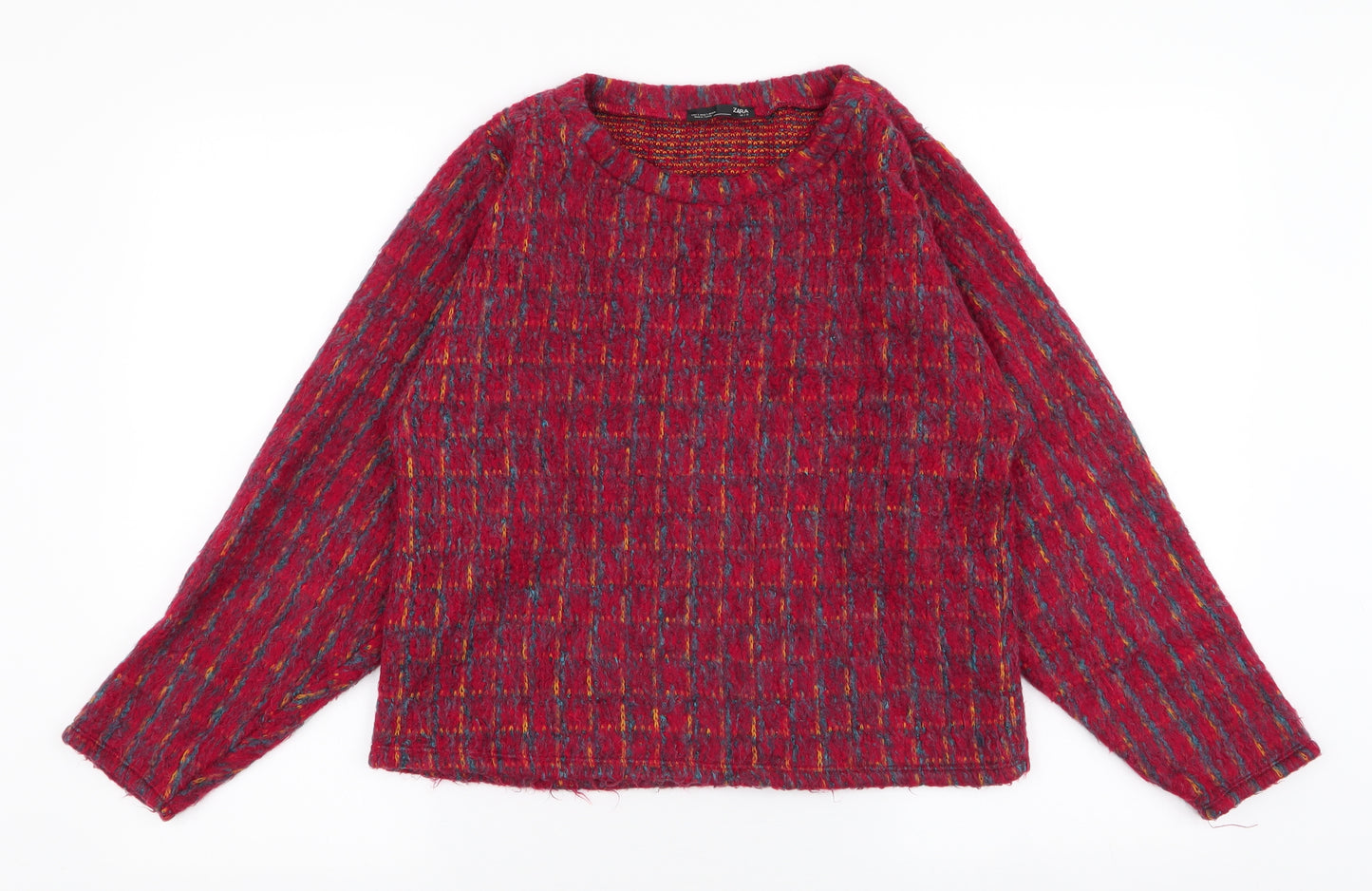 Zara Womens Red Round Neck Striped Acrylic Pullover Jumper Size S