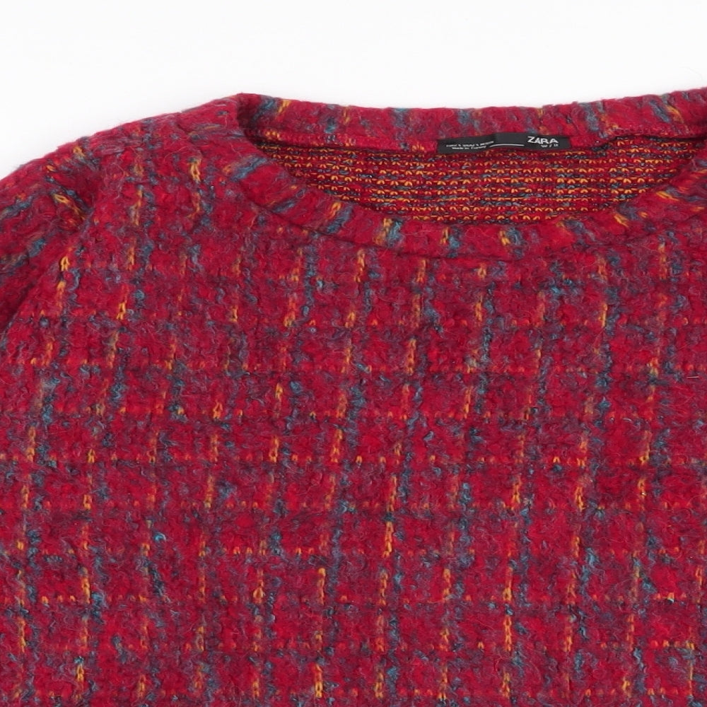 Zara Womens Red Round Neck Striped Acrylic Pullover Jumper Size S