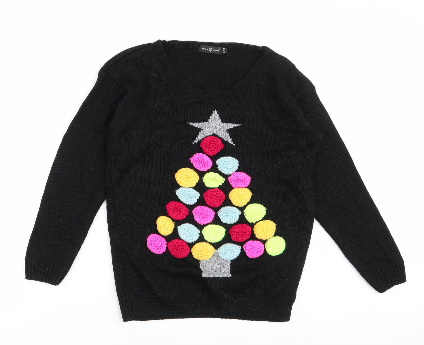 Pura moda Womens Black Round Neck  Acrylic Pullover Jumper Size S   - Christmas tree