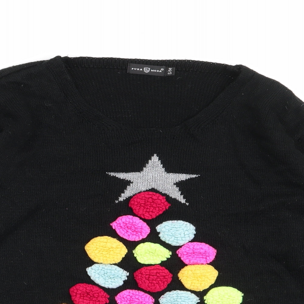Pura moda Womens Black Round Neck  Acrylic Pullover Jumper Size S   - Christmas tree