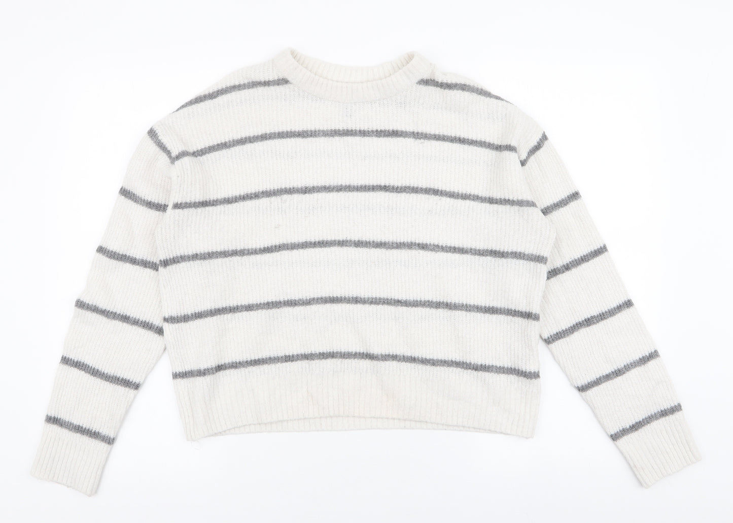 Divided by H&M Womens White Round Neck Striped Acrylic Pullover Jumper Size S