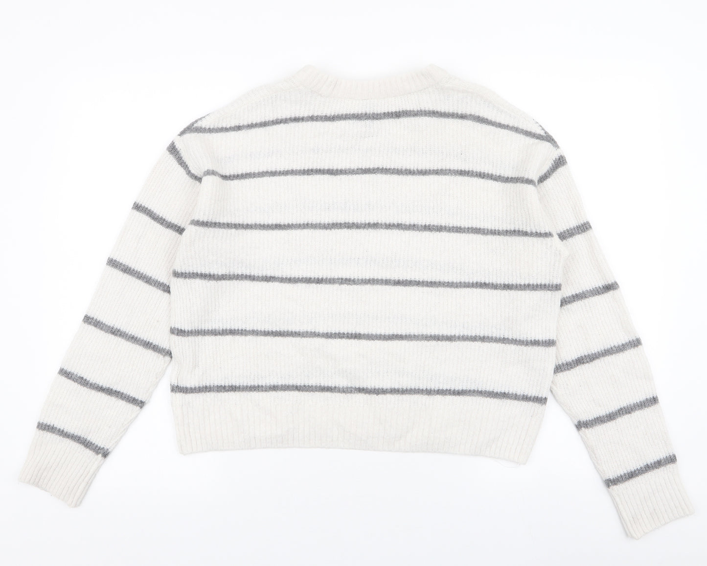 Divided by H&M Womens White Round Neck Striped Acrylic Pullover Jumper Size S