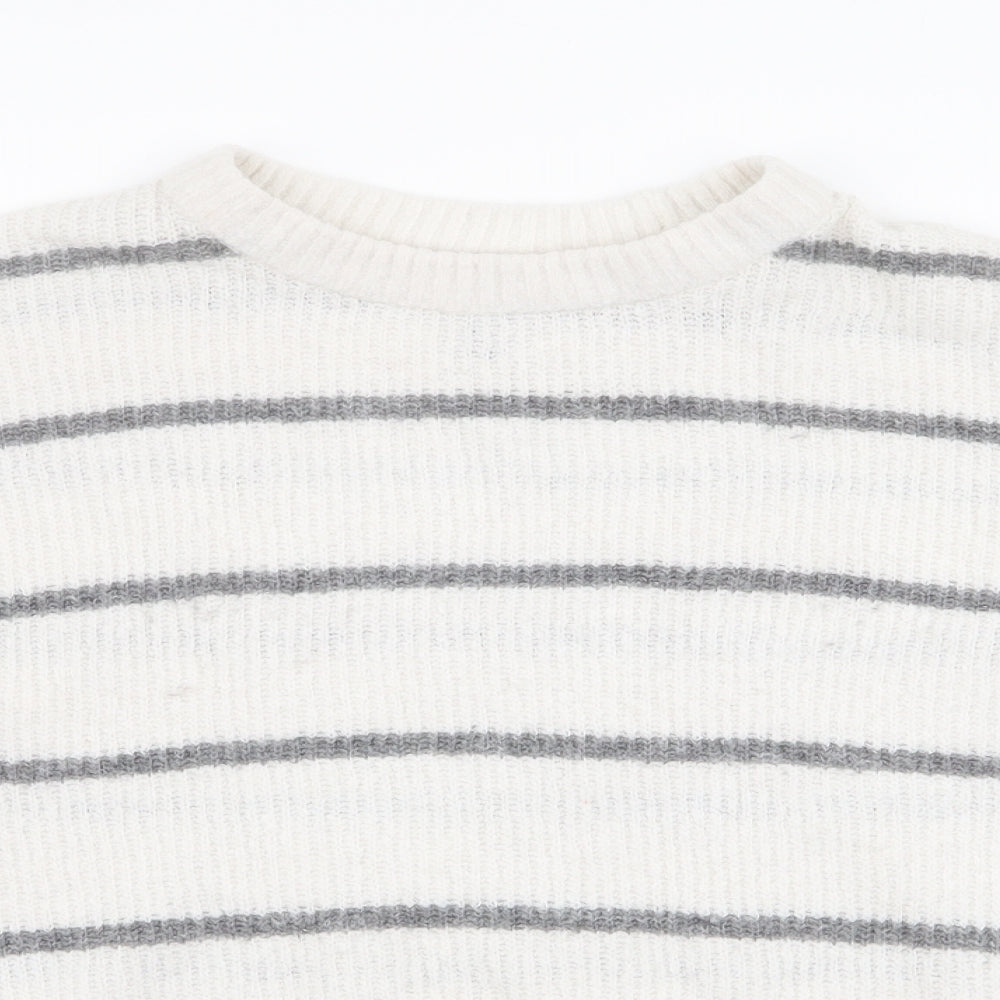 Divided by H&M Womens White Round Neck Striped Acrylic Pullover Jumper Size S