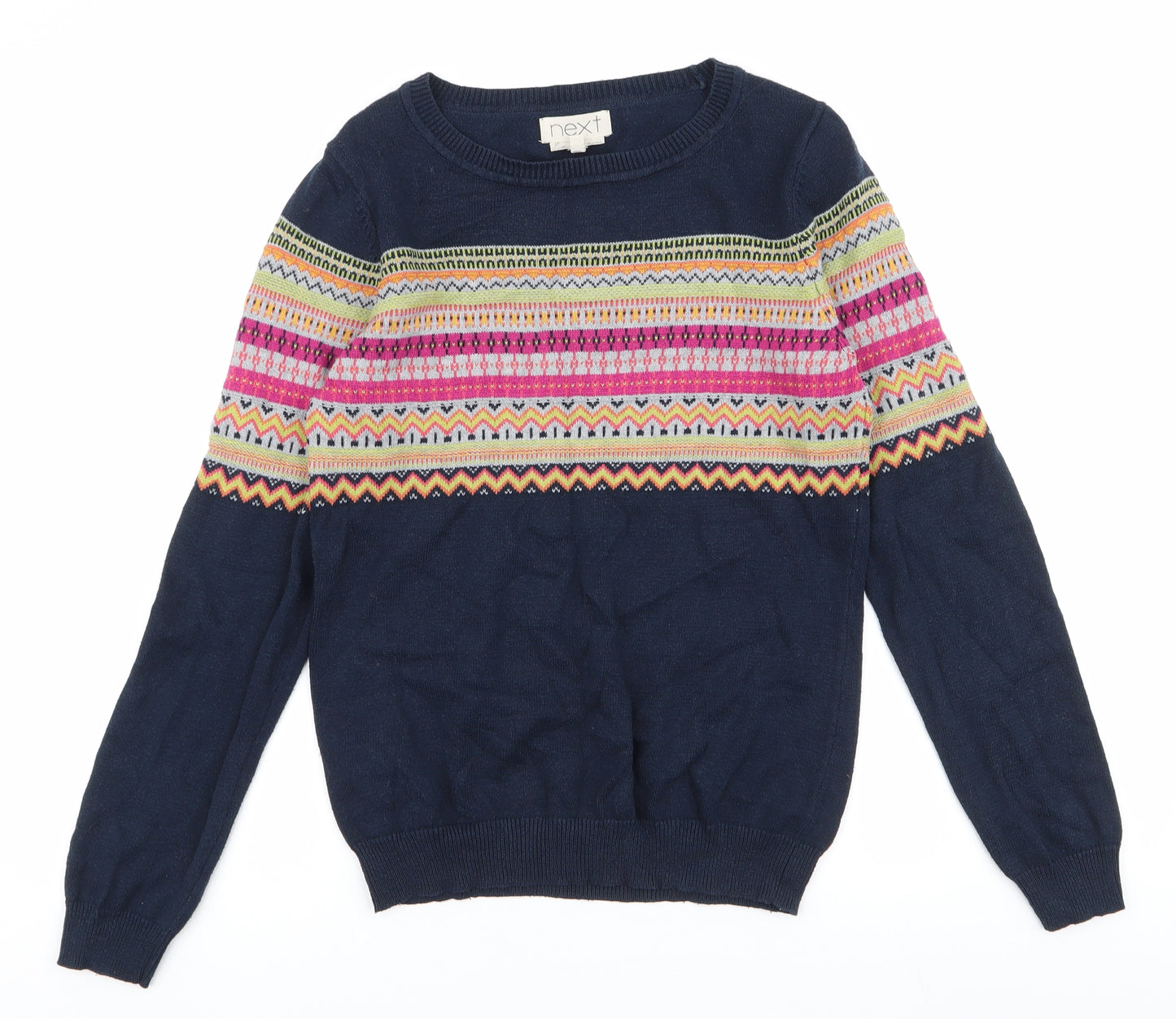 NEXT Womens Blue Round Neck Geometric Cotton Pullover Jumper Size 10
