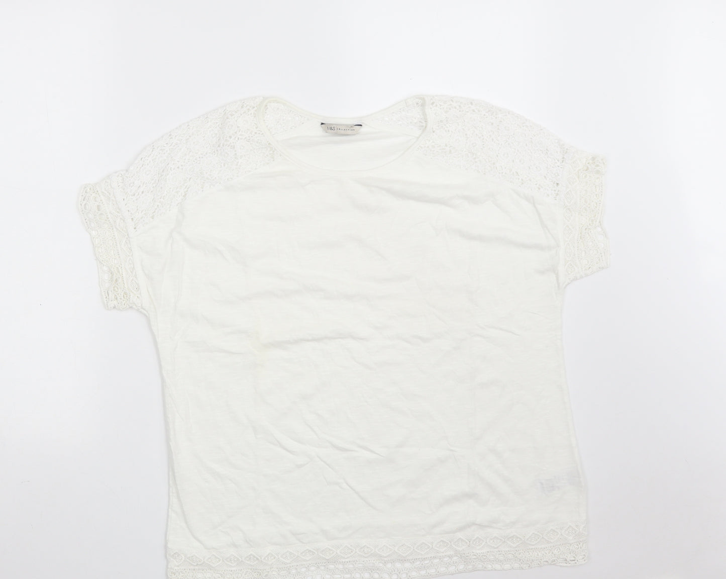 Marks and Spencer Womens White Floral Cotton Basic T-Shirt Size 16 Round Neck