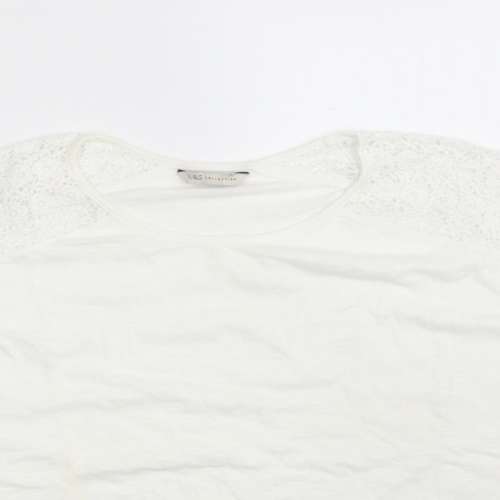 Marks and Spencer Womens White Floral Cotton Basic T-Shirt Size 16 Round Neck
