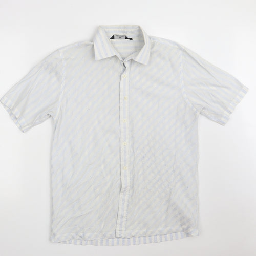 UrbanSpirit Mens White Striped Polyester  Button-Up Size L Collared Button