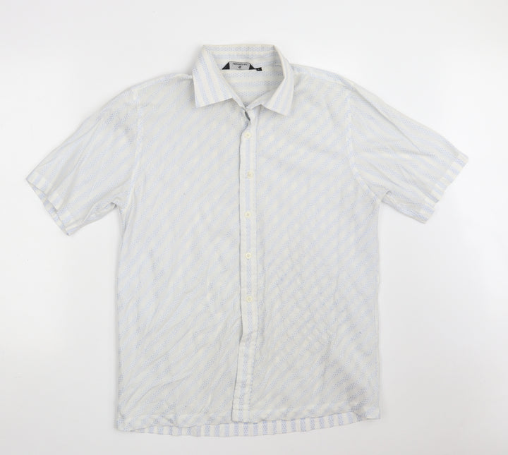 UrbanSpirit Mens White Striped Polyester Button-Up Size L Collared Button