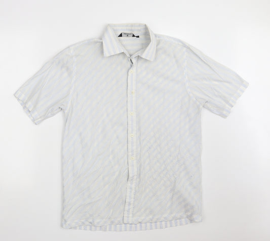 Front view of UrbanSpirit men’s white striped polyester button-up, size L, collared button