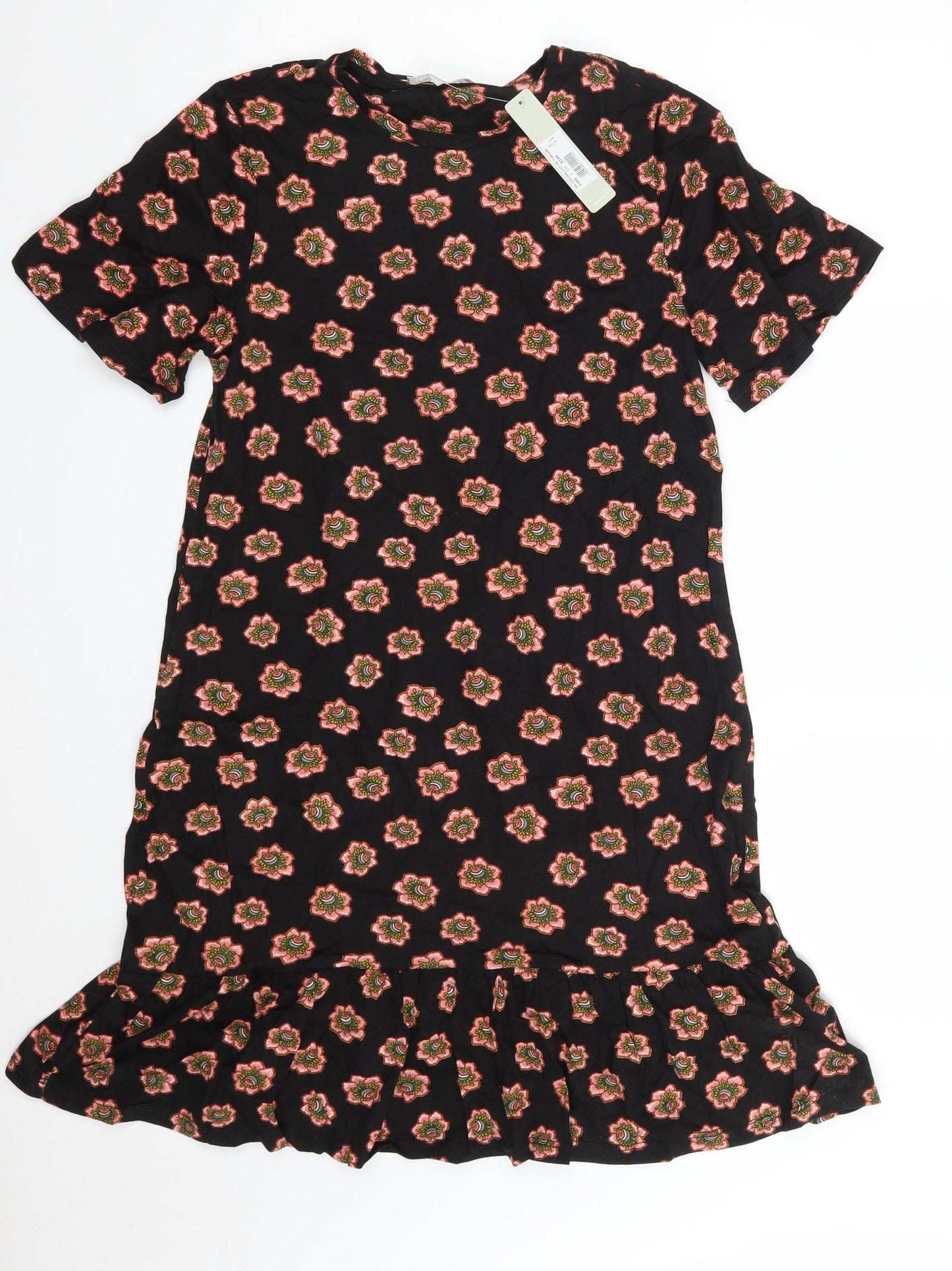 Red Herring Womens Black Floral 100% Cotton T-Shirt Dress  Size 12  Round Neck