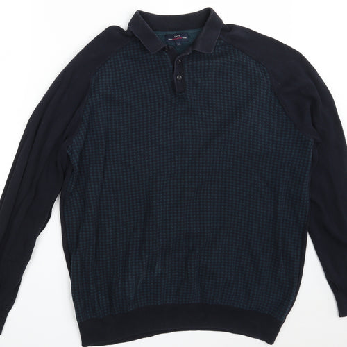 Easy Mens Blue Collared Houndstooth Cotton Pullover Jumper Size XL