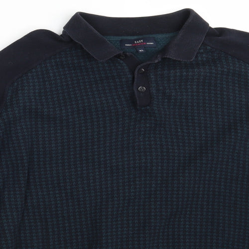 Easy Mens Blue Collared Houndstooth Cotton Pullover Jumper Size XL