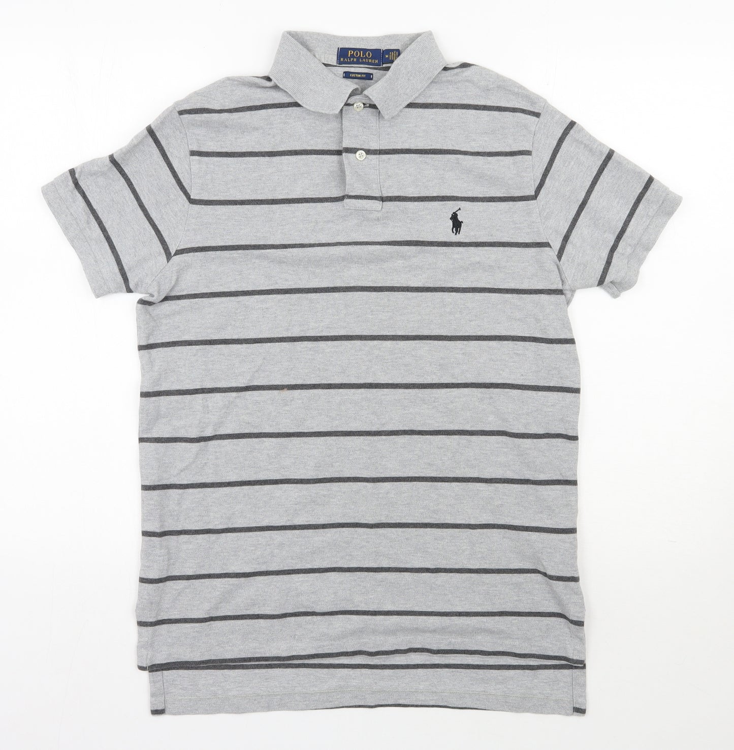 Polo Ralph Lauren Mens Grey Striped 100% Cotton  Polo Size M Collared Pullover