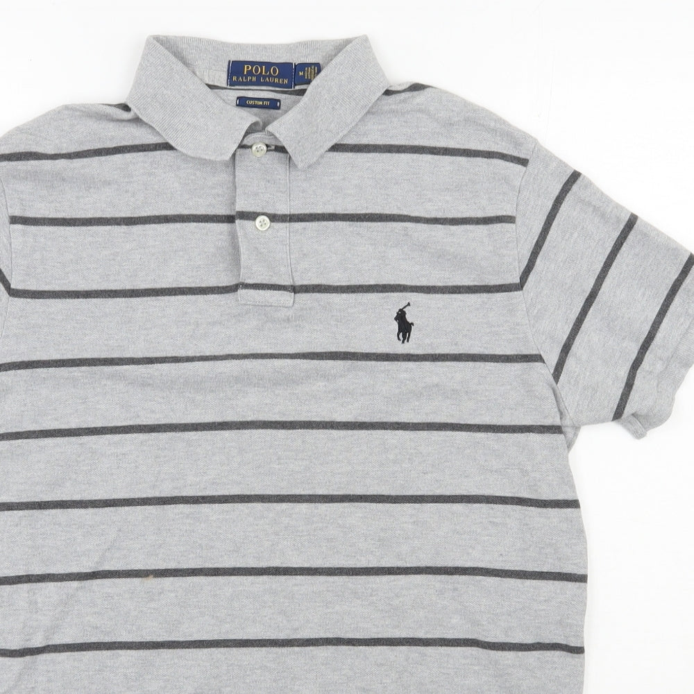 Polo Ralph Lauren Mens Grey Striped 100% Cotton  Polo Size M Collared Pullover
