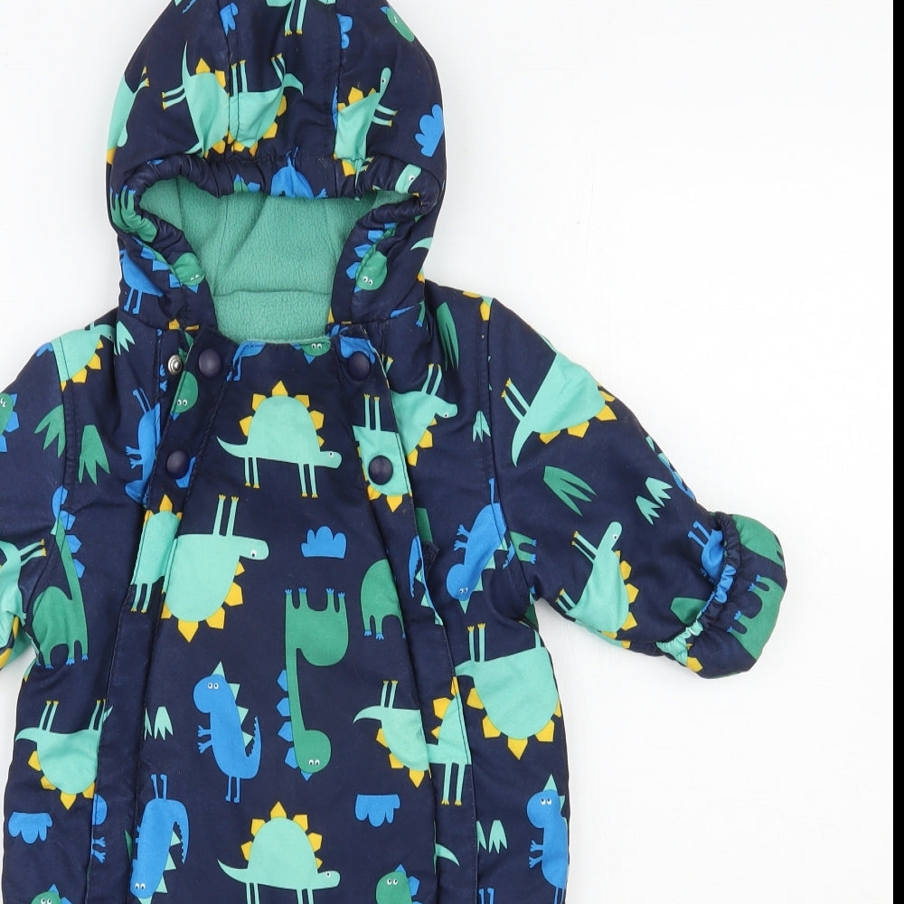 Marks and Spencer Boys Blue    Snowsuit Size 3-6 Months   Zip - Dinosaur print
