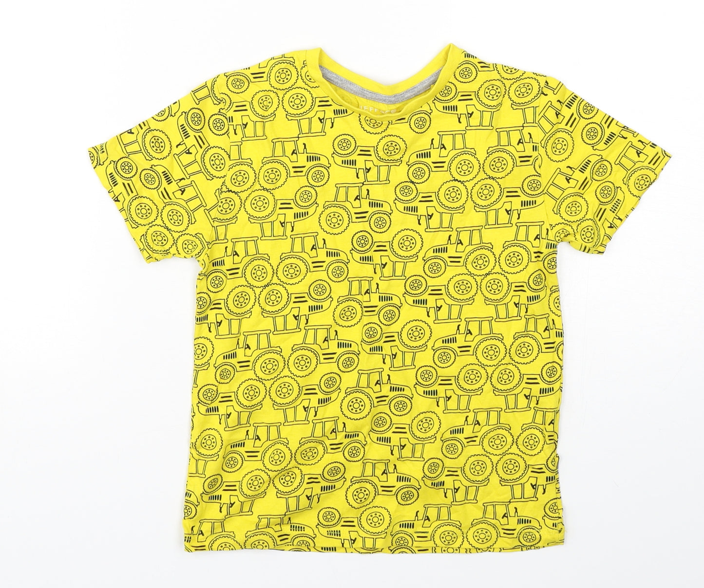 Jeff&Co Boys Yellow Geometric Cotton Basic T-Shirt Size 5-6 Years Round Neck Pullover - Tractor print