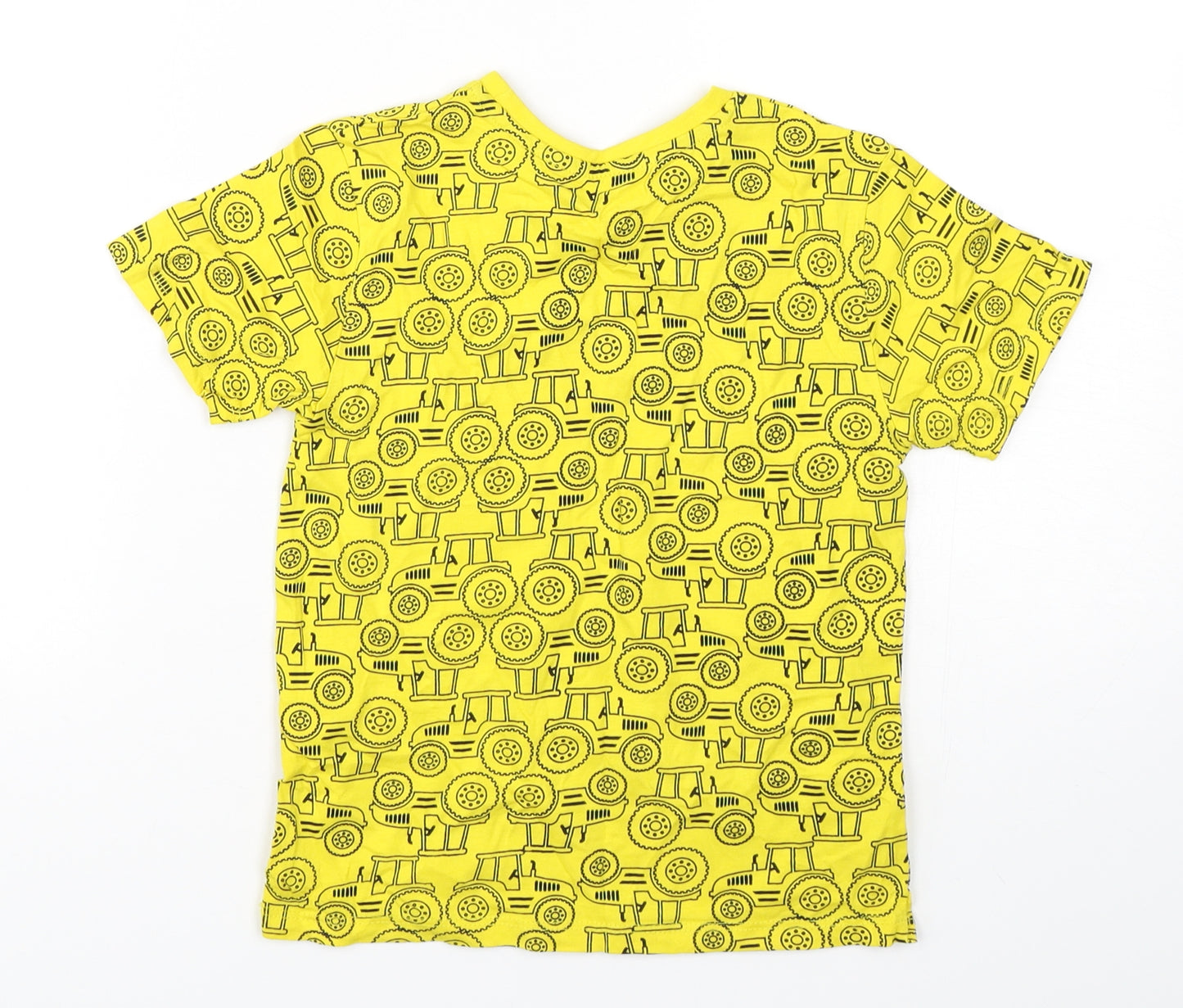 Jeff&Co Boys Yellow Geometric Cotton Basic T-Shirt Size 5-6 Years Round Neck Pullover - Tractor print