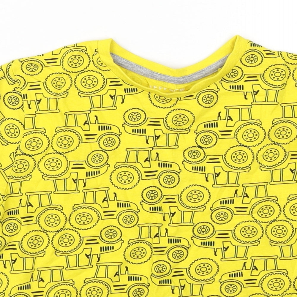 Jeff&Co Boys Yellow Geometric Cotton Basic T-Shirt Size 5-6 Years Round Neck Pullover - Tractor print