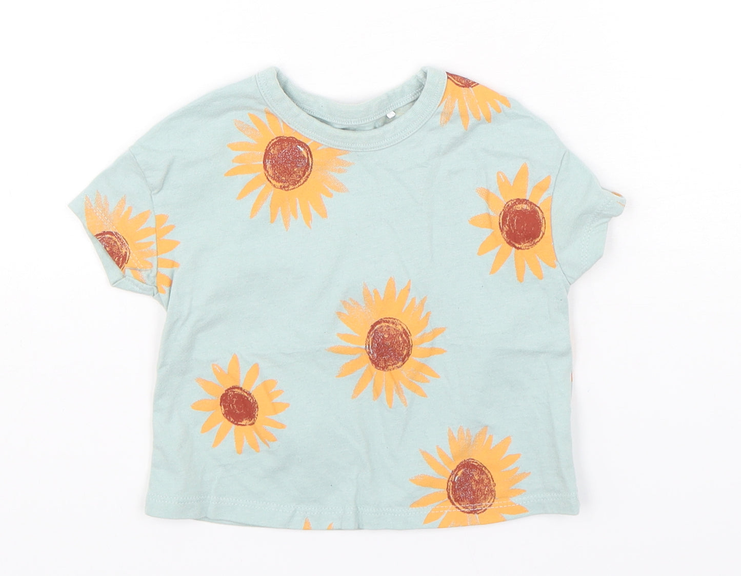 George Baby Green Floral Cotton Basic T-Shirt Size 12-18 Months Round Neck Pullover
