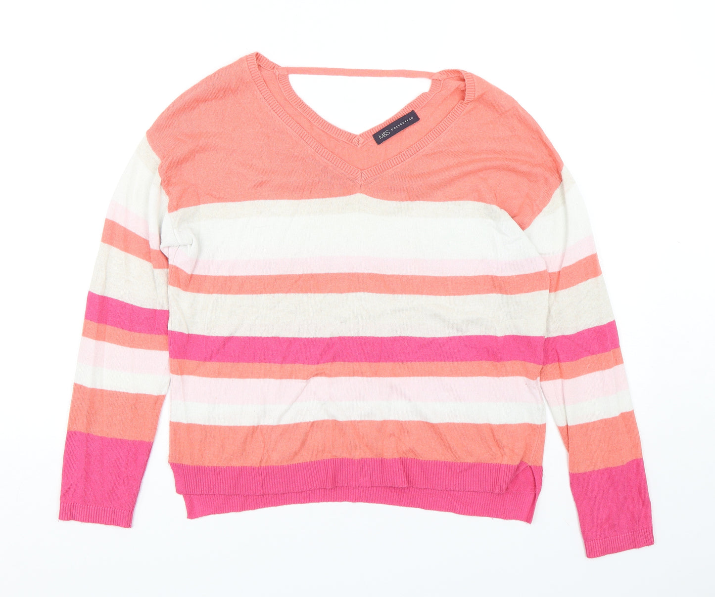 Marks and Spencer Womens Multicoloured V-Neck Striped Viscose Pullover Jumper Size 10