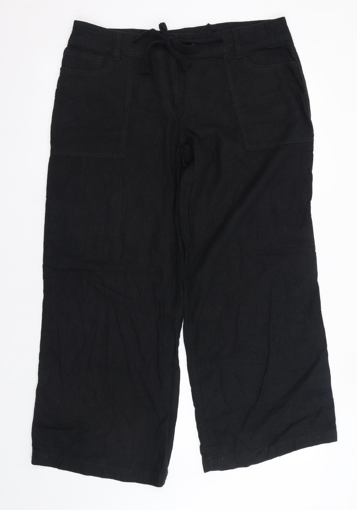 NEXT Womens Black  Linen Trousers  Size 14 L28 in Regular Zip - Tie front