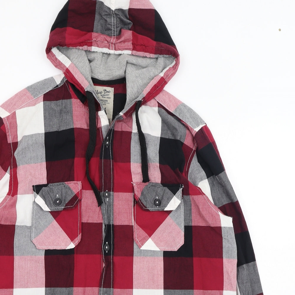 Blue Inc Mens Red Check Cotton  Button-Up Size 2XL Round Neck Button