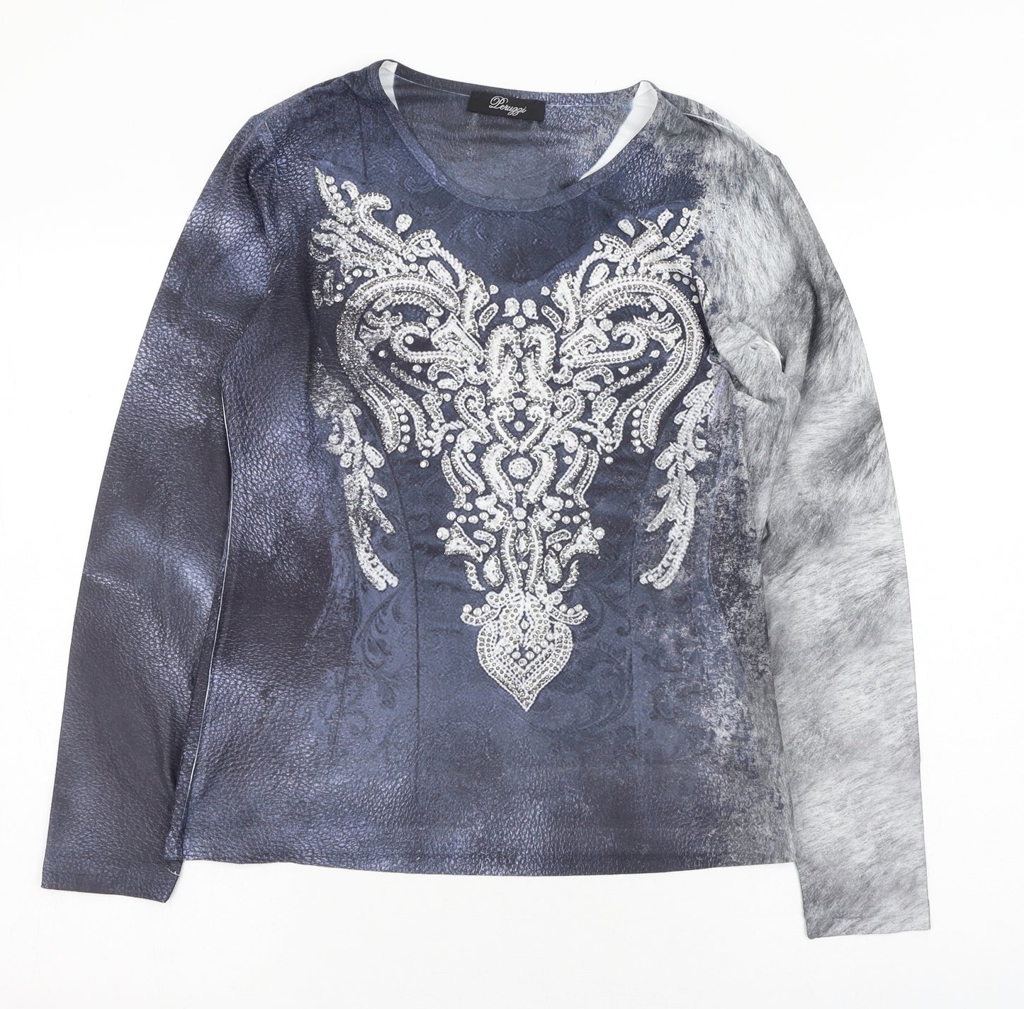 Peruggi Womens Blue Animal Print Polyester Basic T-Shirt Size 10 Scoop Neck - Jewelled