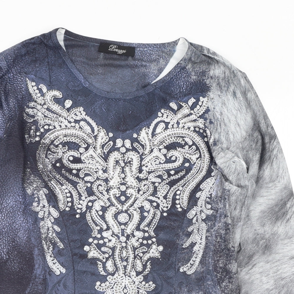 Peruggi Womens Blue Animal Print Polyester Basic T-Shirt Size 10 Scoop Neck - Jewelled