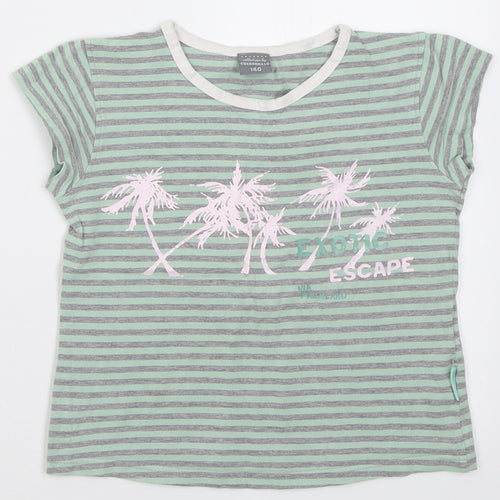 Cocco Drillo Girls Green Striped Cotton Basic T-Shirt Size 10 Years Crew Neck Pullover
