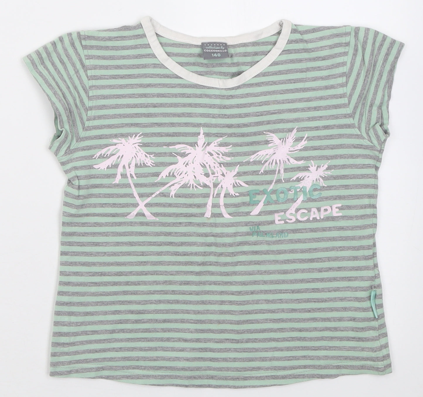 Cocco Drillo Girls Green Striped Cotton Basic T-Shirt Size 10 Years Crew Neck Pullover
