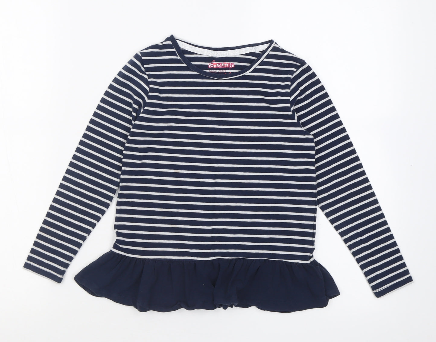 Young Style Girls Blue Striped Cotton Basic Casual Size 7-8 Years Crew Neck Pullover