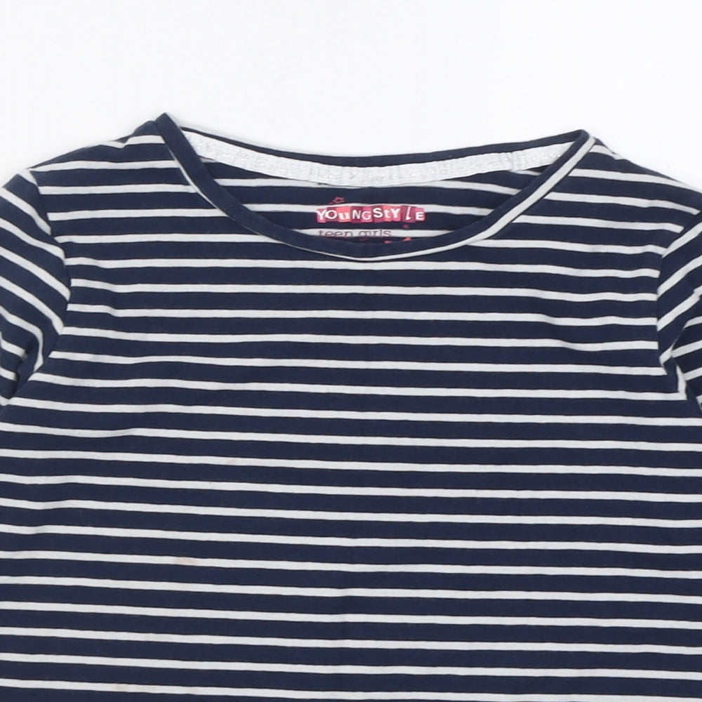 Young Style Girls Blue Striped Cotton Basic Casual Size 7-8 Years Crew Neck Pullover