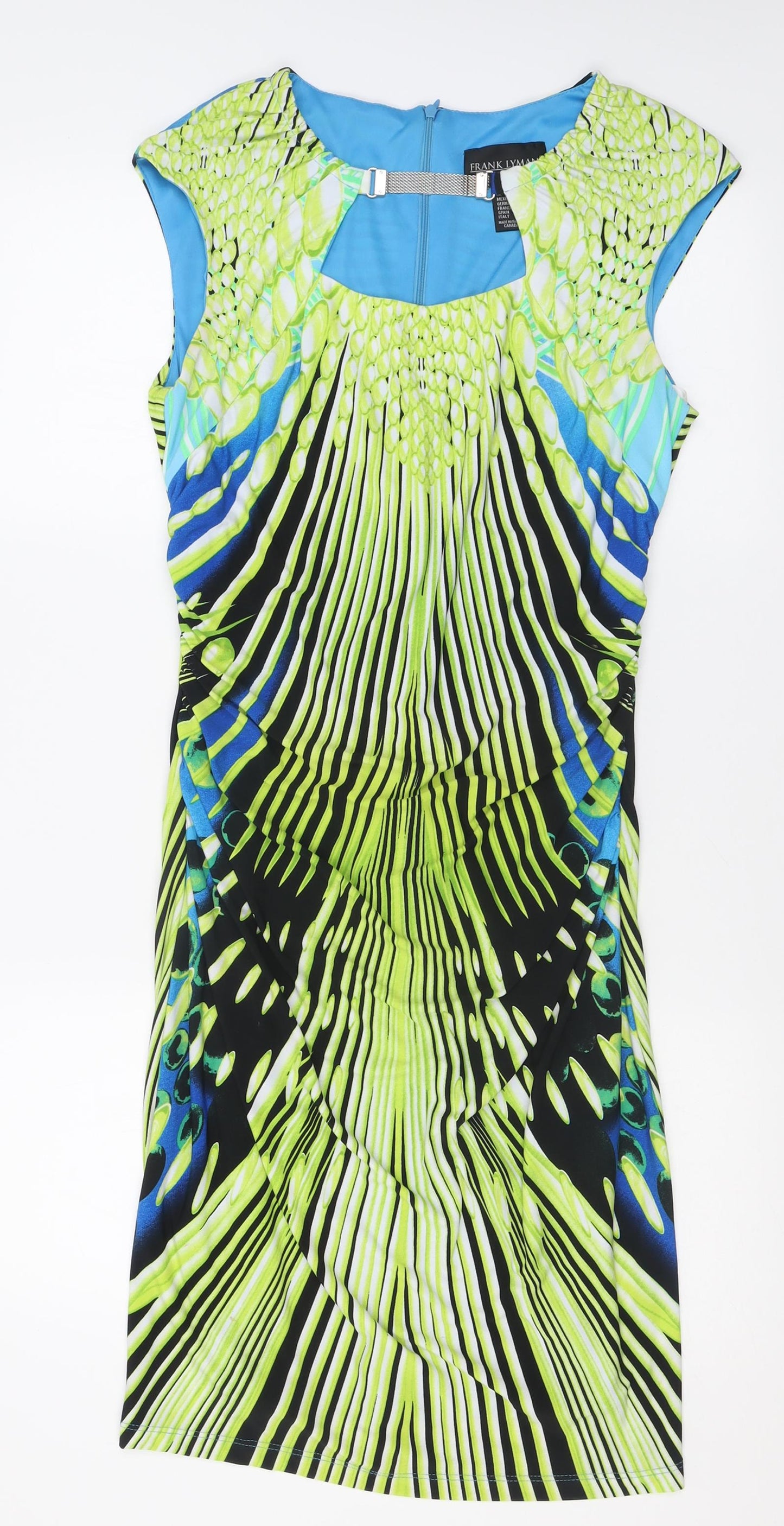 Frank Lyman Womens Multicoloured Geometric Polyester Bodycon  Size 12  Square Neck Pullover - Ruched Sides