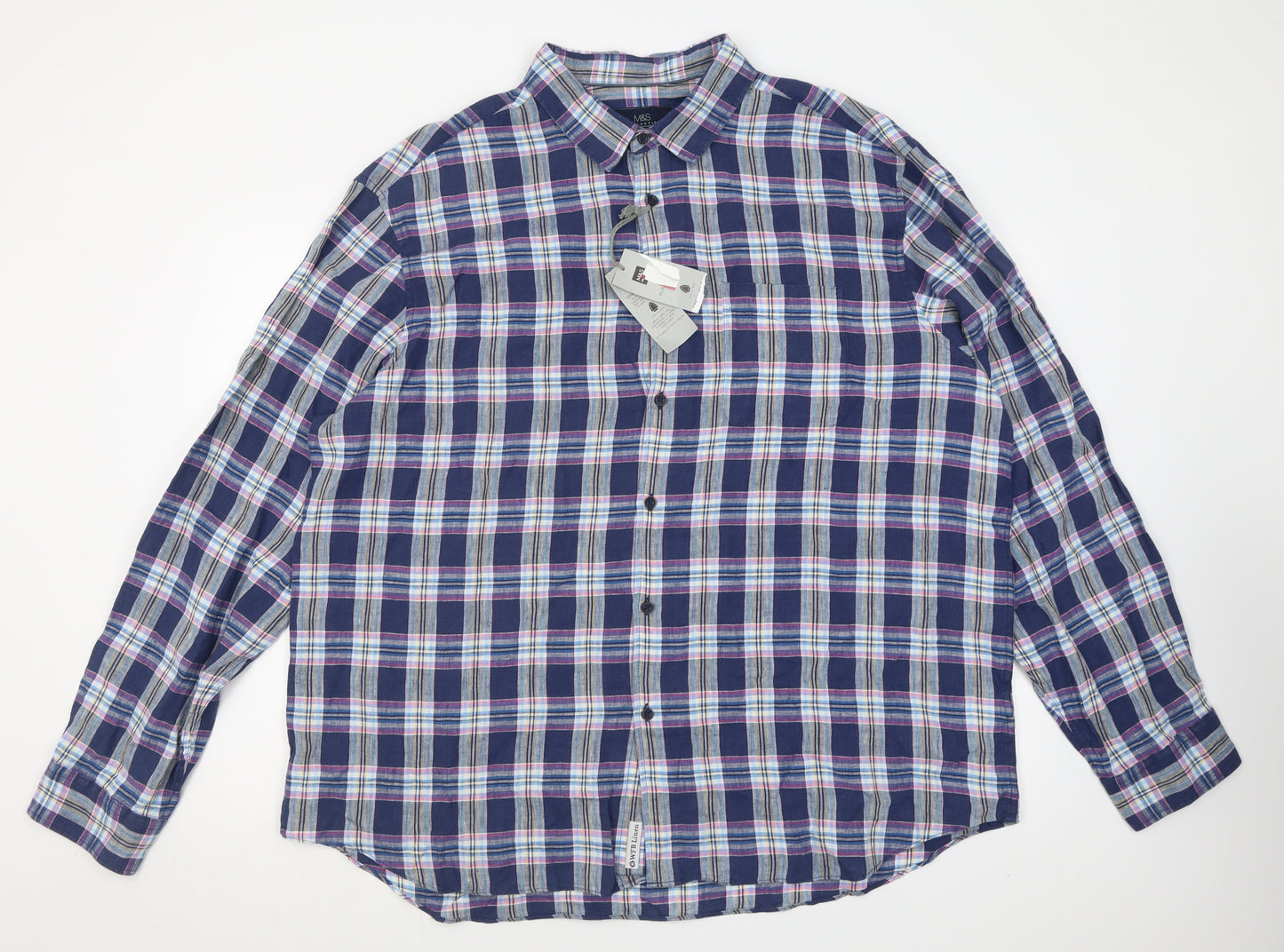 Marks and Spencer Mens Blue Check Linen  Button-Up Size 3XL Collared Button