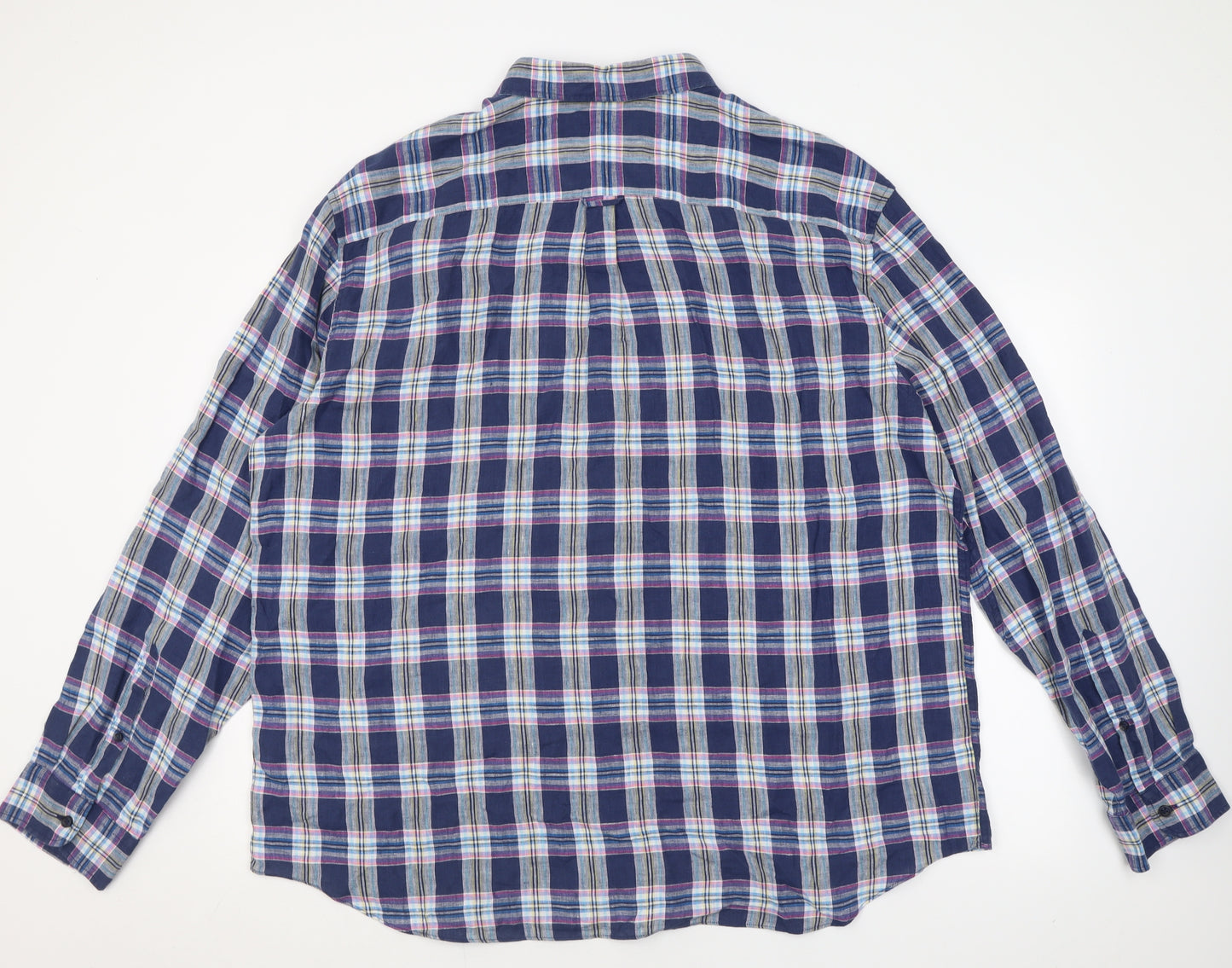 Marks and Spencer Mens Blue Check Linen  Button-Up Size 3XL Collared Button