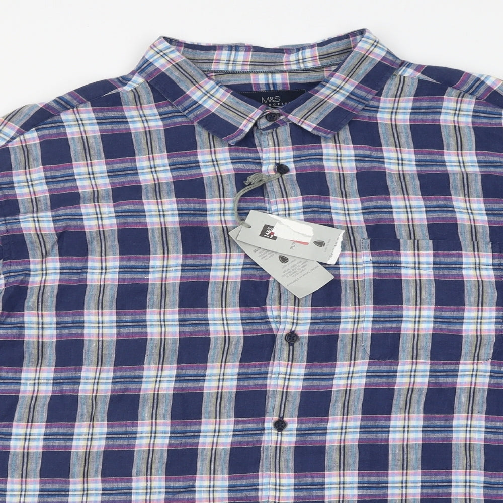 Marks and Spencer Mens Blue Check Linen  Button-Up Size 3XL Collared Button